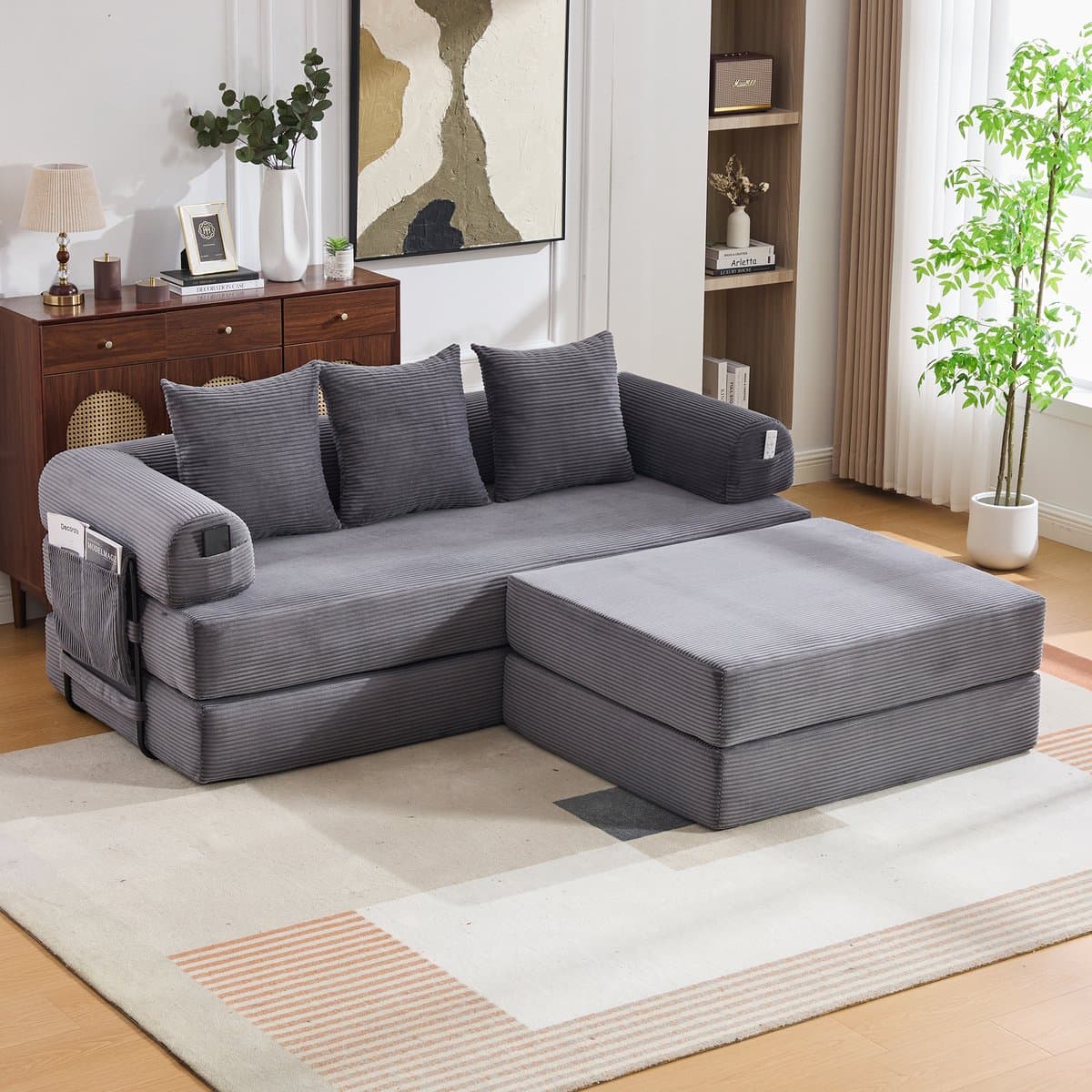Wishdor Modulaire Bank Met Hocker - Opbergzak En 3 Kussens - Moderne Stijl Voor Woonkamer Of Kantoor - Cordstof - Donkergrijs - 200 X 190 X 67 Cm