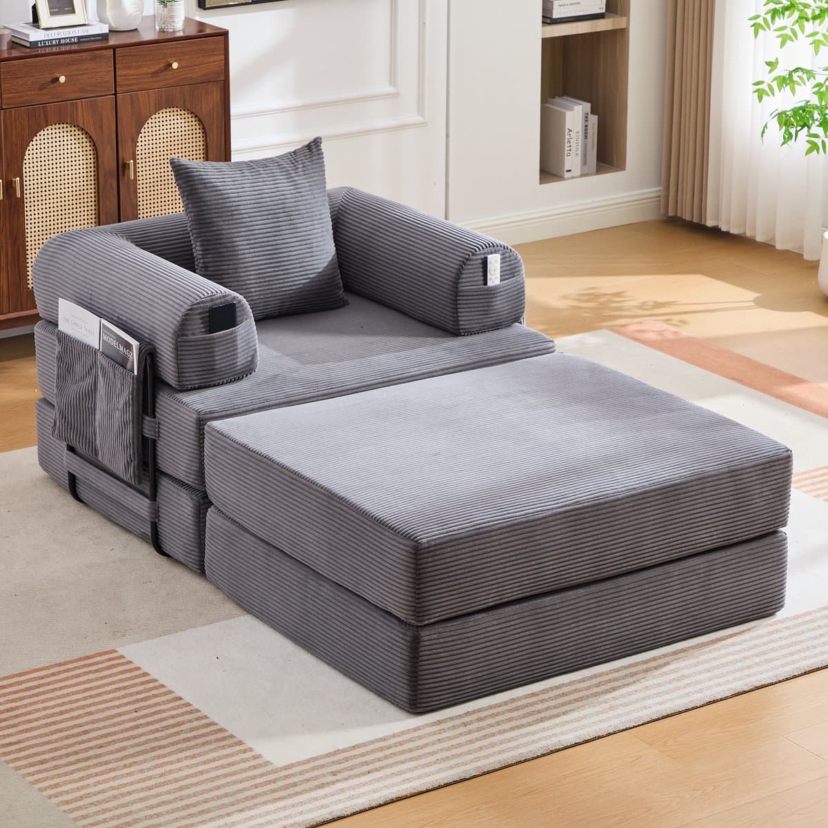 MODFU - Fauteuil Met Hocker - Ergonomisch - Modulair - Voor Woonkamer - Ribstof En Metaal - Donkergrijs