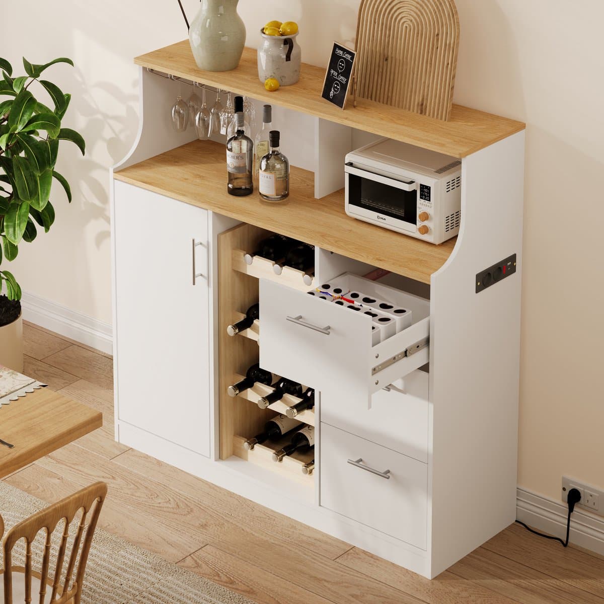 MODENUIT Dressoir - Opbergkast Met Wijnrek, Led En Stopcontact - Voor Keuken En Thuisbar - MDF - 120x40x121 Cm