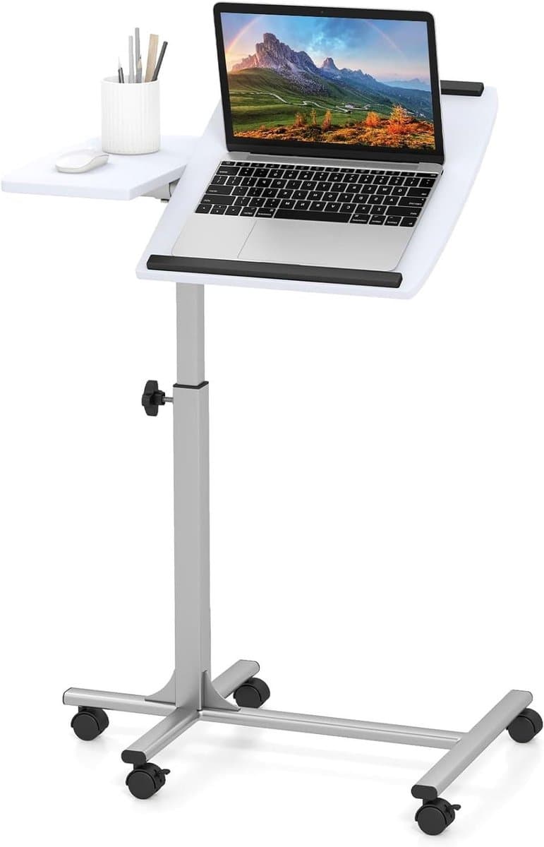 Mobiel Laptopbureau - Verrijdbaar Bureau - Werken aan Bed - Kantelbaar Tafelblad - 61-92 cm Verstelbaar - Wit