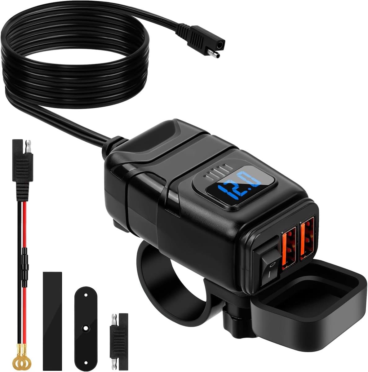Dual USB Charger for Motorcycle, QC3.0 Quick Charger Car Charger Waterproof with Independent Switch and LED Voltmeter - ShopVlot