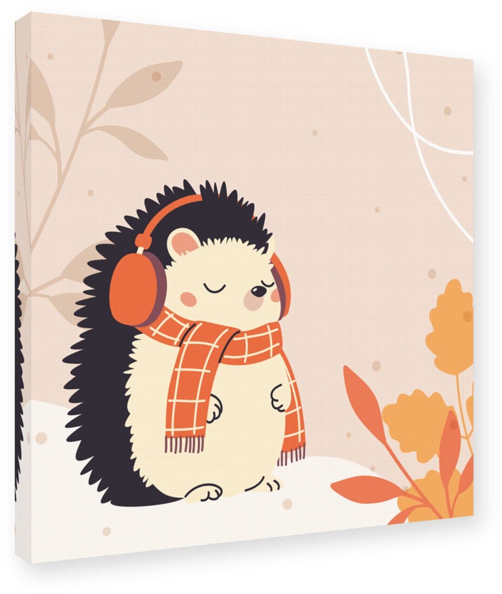 Schilderij Herfst Egel met Sjaal en Koptelefoon - Canvas op Frame 40x40 cm - Wanddecoratie Kinderkamer Woonkamer - Kunstdruk Ingelijst, Herfst Egel