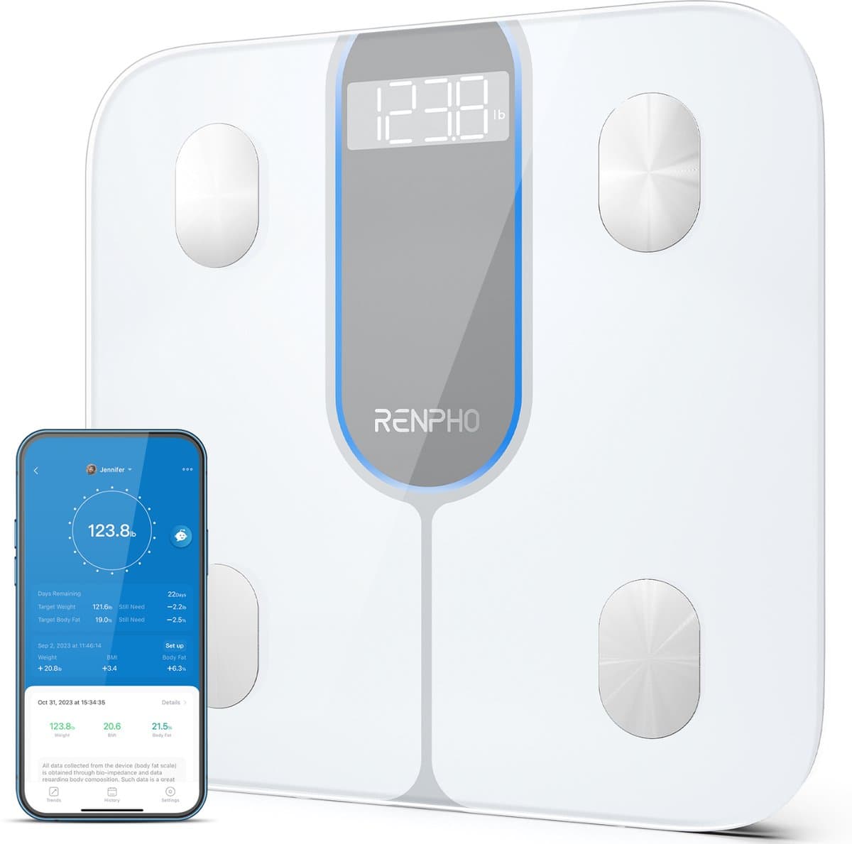 Renpho Elis 1C - Slimme personenweegschaal met lichaamsanalyse - 13 metrics - met bluetooth en app ondersteuning - Wit