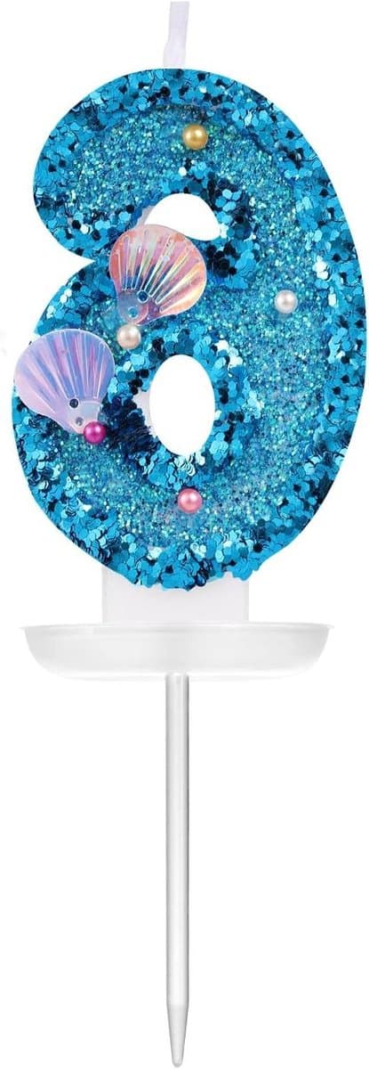 JHubers Goods - Feestartikelen - 7,5cm Blauwe Nummerkaarsen met Shell Pailletten en Glitter, Taarttopper voor Verjaardag en Jubileum - Set van 6 stuks