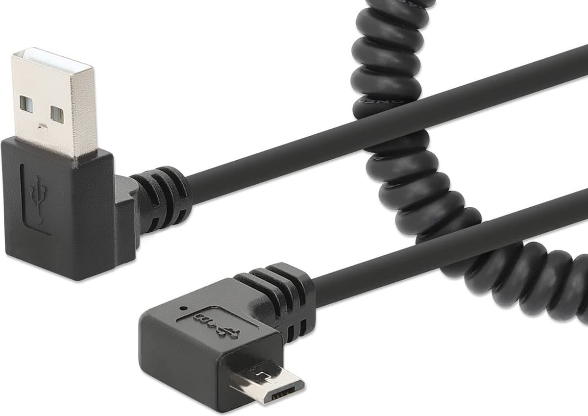 MH USB Type-A Male to Type Micro-B Male, 1 m Tangle-Resistant Curly Design, Angled Plugs, Bag