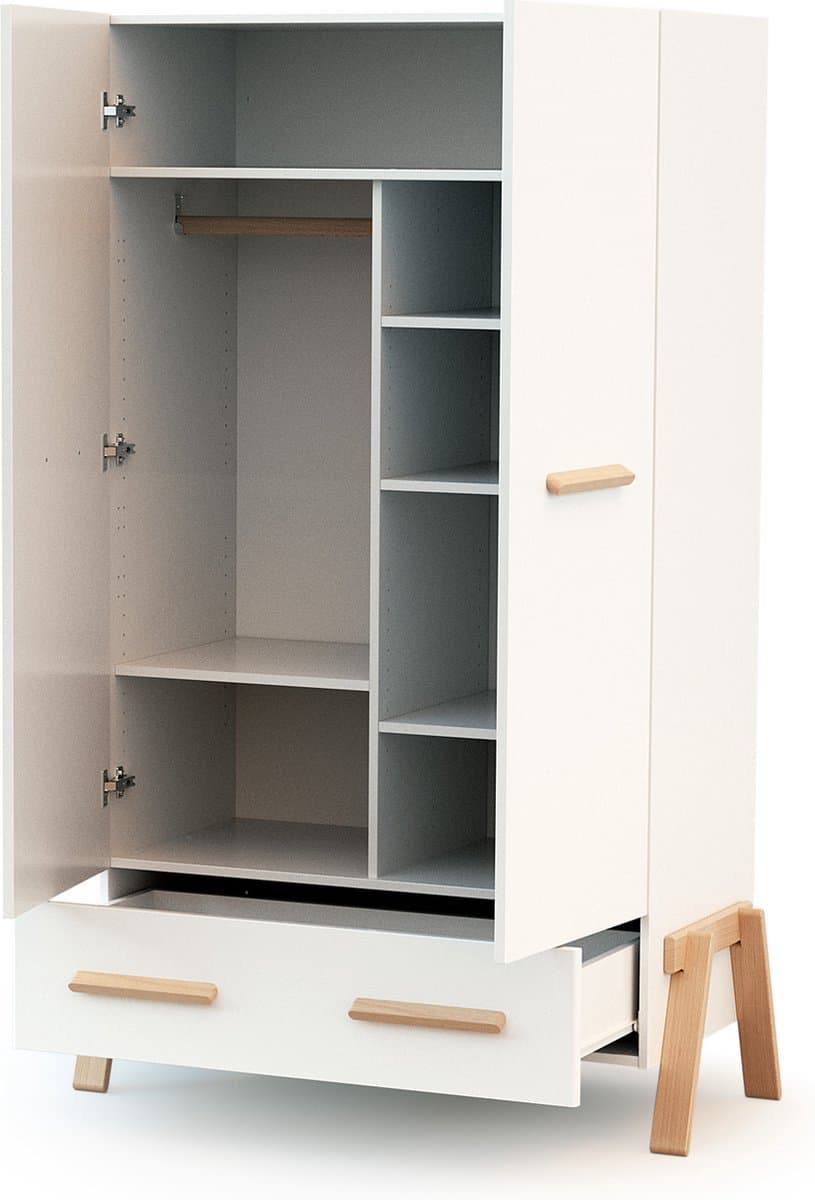 AT4 - Kinderkast met 2 houten deuren CANAILLE Wit en beuken 108 x 53 x176 cm