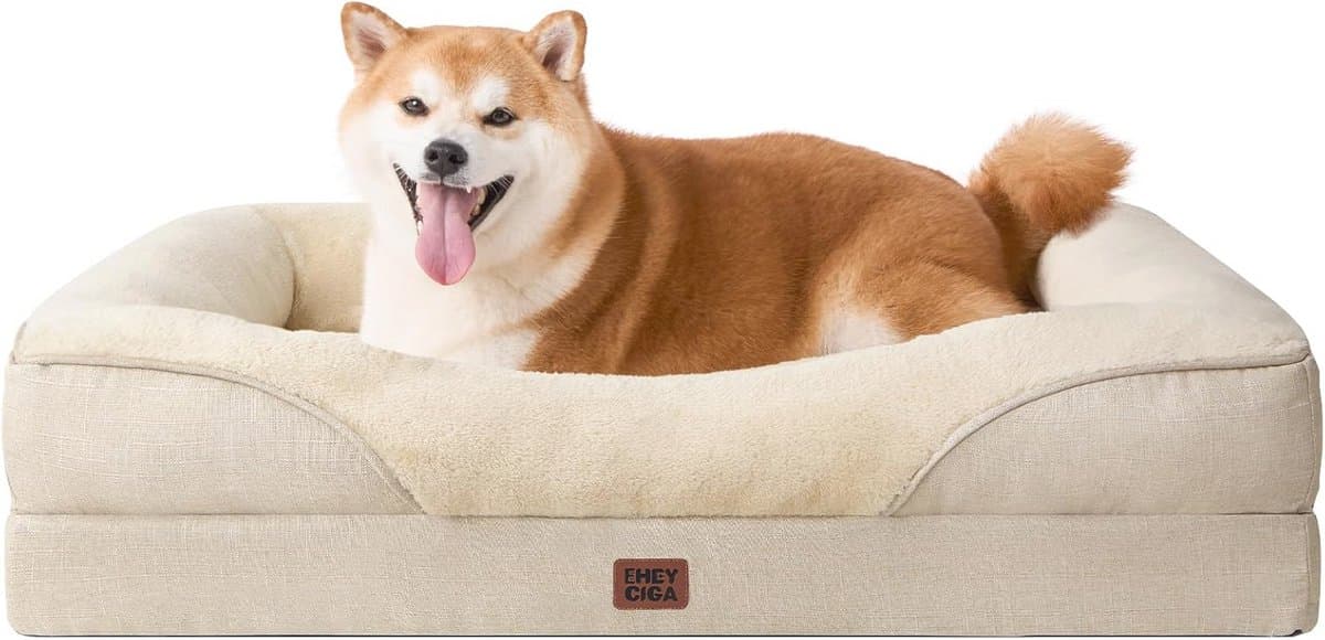 EHEYCIGA Orthopedisch Hondenbed Middelgrote Honden, Memory Foam Wasbaar en Waterdicht Hondenmand met 4 Randen, Hondenbank Hondenbank Antislip, Beige, 91x68x17.5 cm