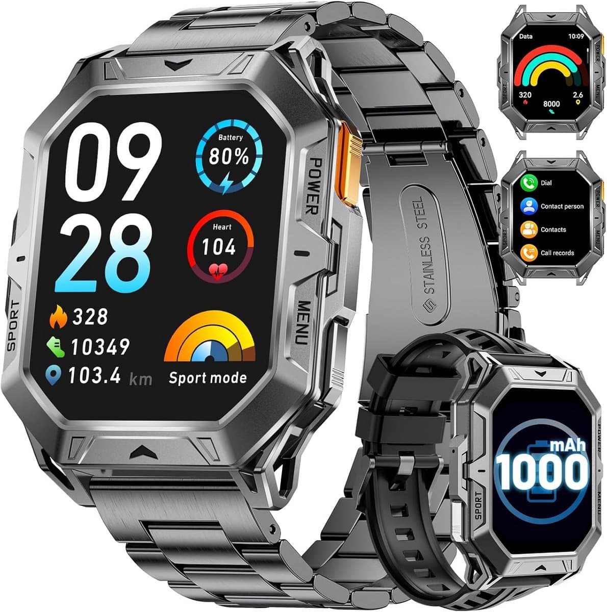 Militaire Smartwatch Heren met Groot AMOLED Display, 1000 mAh, 100 Sportmodi & 10 ATM Waterdicht