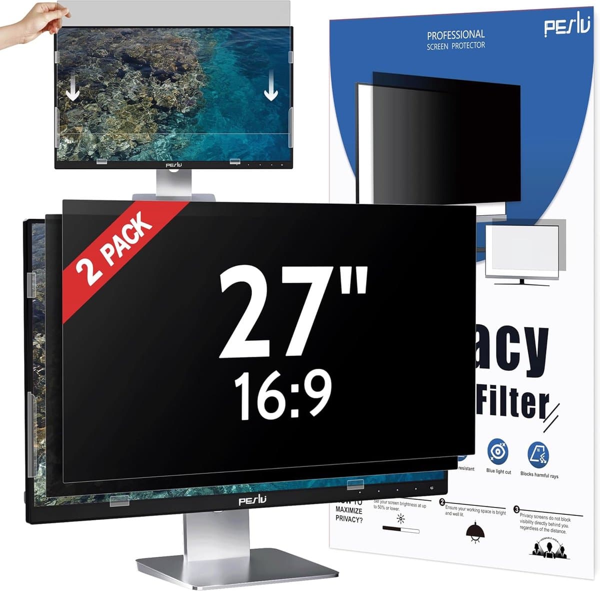 2-Pack Privacy Screenfilter 27 Inch Monitor - Anti Spy, Blauw Licht &Glare Bescherming