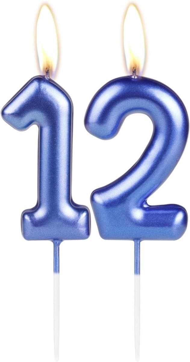 Verjaardagskaars Nummer 12 - Taartdecoratie Kaars - Feestelijke Viering - Glitter Afwerking - 9cm Hoog - Donkerblauw