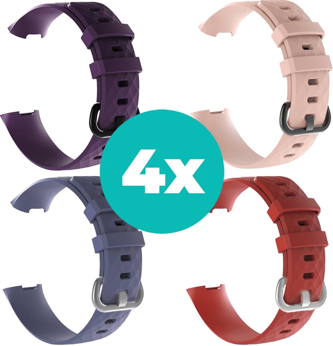 Siliconen bandjes geschikt voor Fitbit Charge 4 bandje - Bundel van 4 bandjes - Sport bandje Geschikt voor Fitbit Charge 3 bandje - Set bandjes 4x Paars - Grijsblauw - Rood - Lichtroze - Maat S/M (Small)
