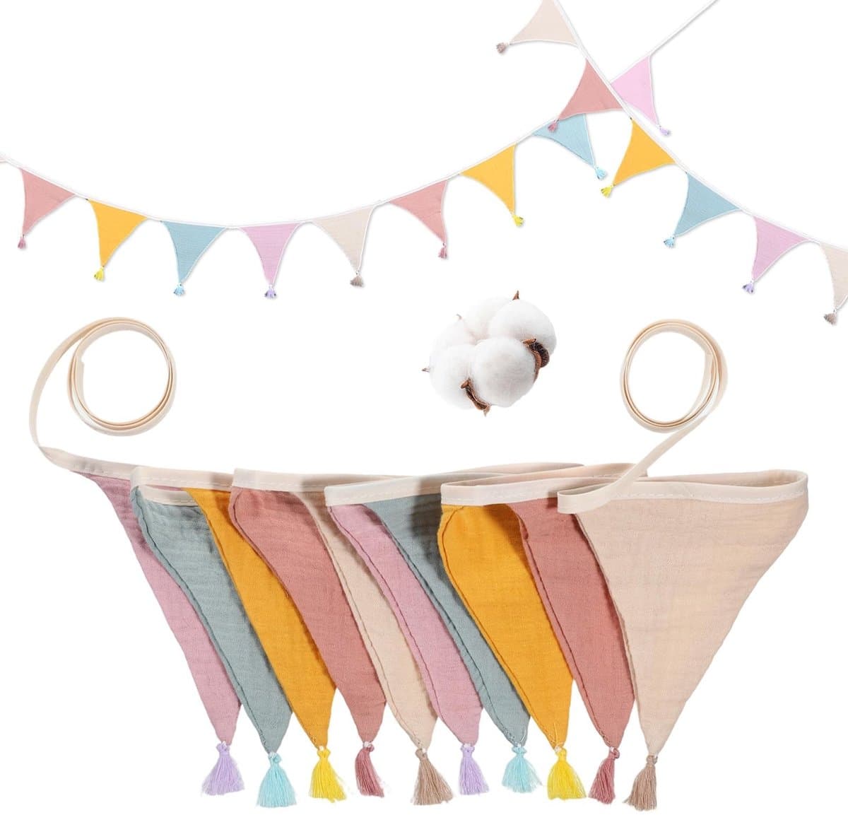 Dailygoods- Vlaggetjesslinger 2,74 m - Katoen - Decoratie met kwastjes - Feestelijke slinger - Kinderkamer - 10 Kleurrijke wimpels - Wimpelslinger