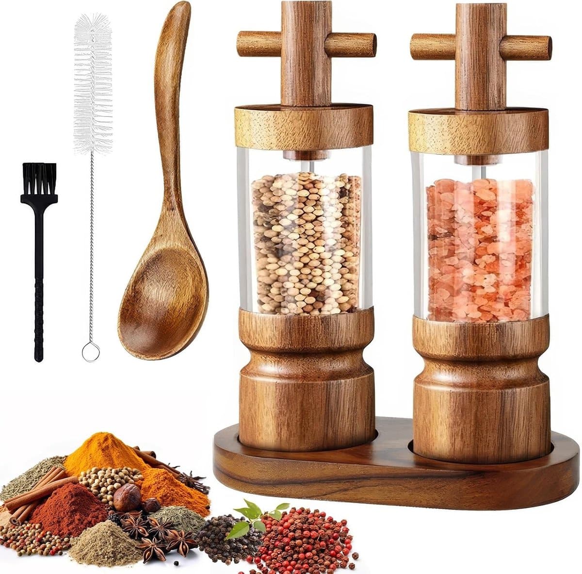 Set van 2 handmatige peper- en zoutmolens met keramisch maalwerk, instelbare grofheid, inclusief sokkel en lepel, zwart en duurzaam