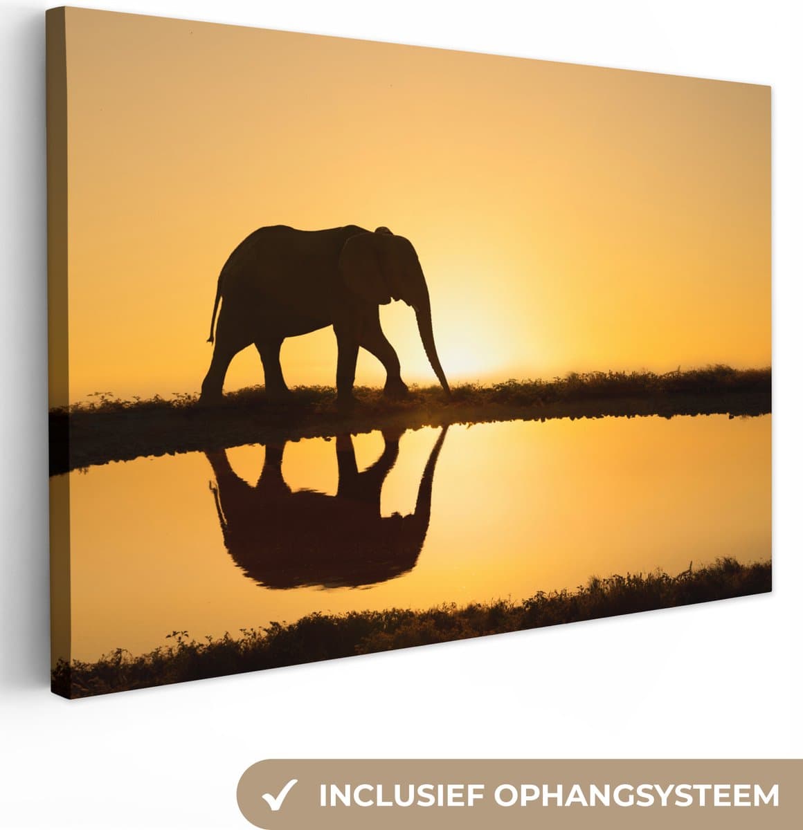 OneMillionCanvasses - Canvas - Olifant - Silhouet - Zonsondergang - Water - Weerspiegeling - Wanddecoratie - Kamer decoratie - 60x40 cm