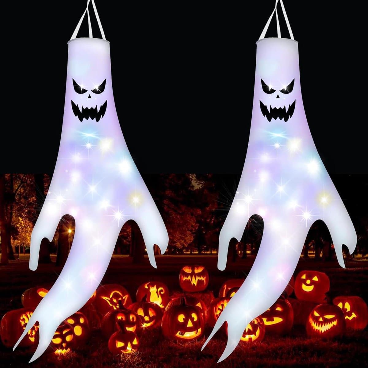 Halloween Decoratie - Decoratie voor Halloween Outdoor 120 cm Spook Windsok Tuin Hangende Windzakken Met 3 Lichtmodi 20 Leds Voor Carnaval Party Terras Boom Veranda
