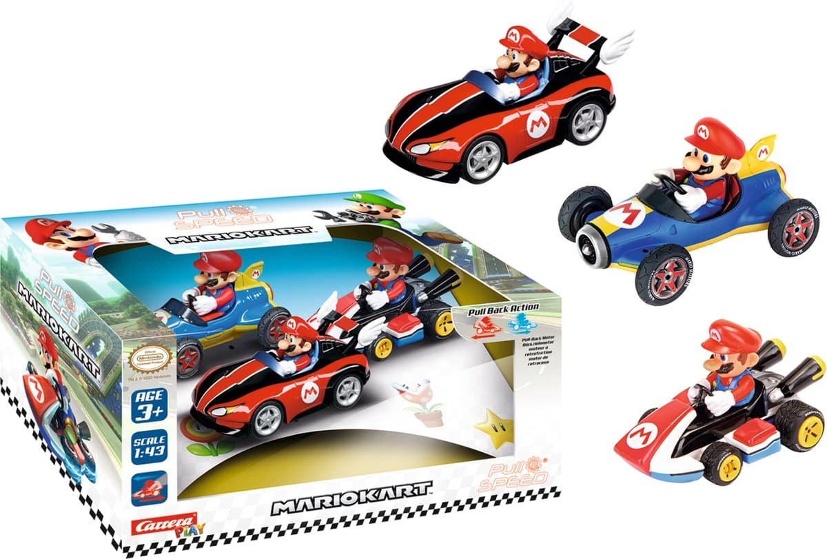 Carrera Speelgoedvoertuig Auto - P-S Mario Kart - Mario 3Pack - Pull Back Auto - Terugtrekauto - 1:43