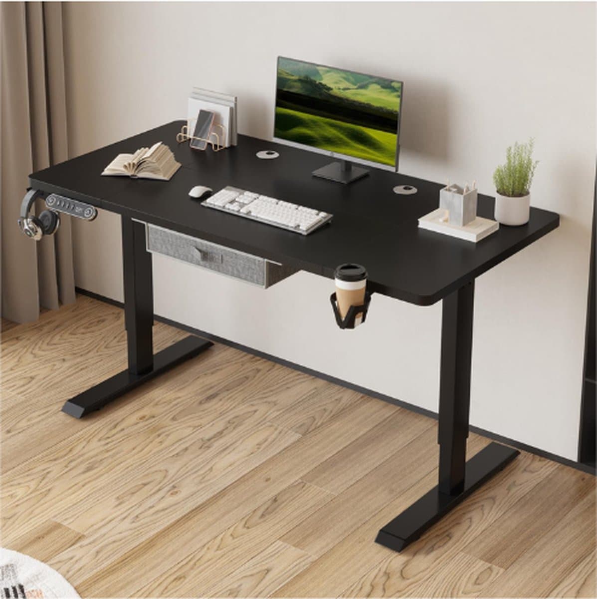 Elektrisch In Hoogte Verstelbaar Staand Bureau - Splice Board - Thuiskantoor - Computer - Statafel - Ergonomisch Bureau Met Monitorplank (Zwart - 140 x 76 Cm)