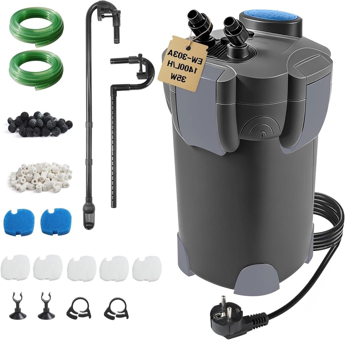 Krachtige externe aquariumfilter 1400 l/h met verstelbare doorstroming, filtermateriaal en slang voor aquaria tot 300 L, zwart