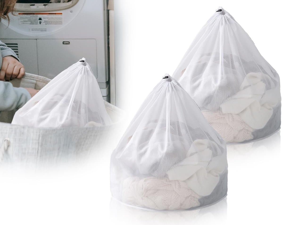 Dailygoods- Wasnet Set van 2 - 50 x 60 cm - Herbruikbaar - Dichte Mesh - Koordsluiting - Bescherming voor Kleding - Waszak