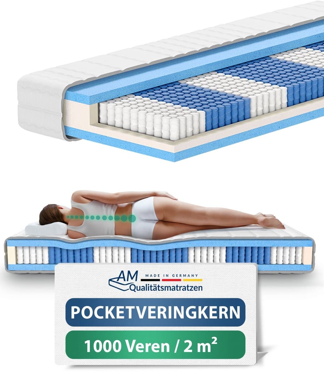 AM Qualitätsmatratzen - 1000 veren 7-zone pocketveringmatras 180x210 cm (H5) - Ergonomisch matras 180 x 210 met 1.000 veren - 24 cm Premium hoogte - Afneembare TENCEL Lyocell tijk - Made in Germany