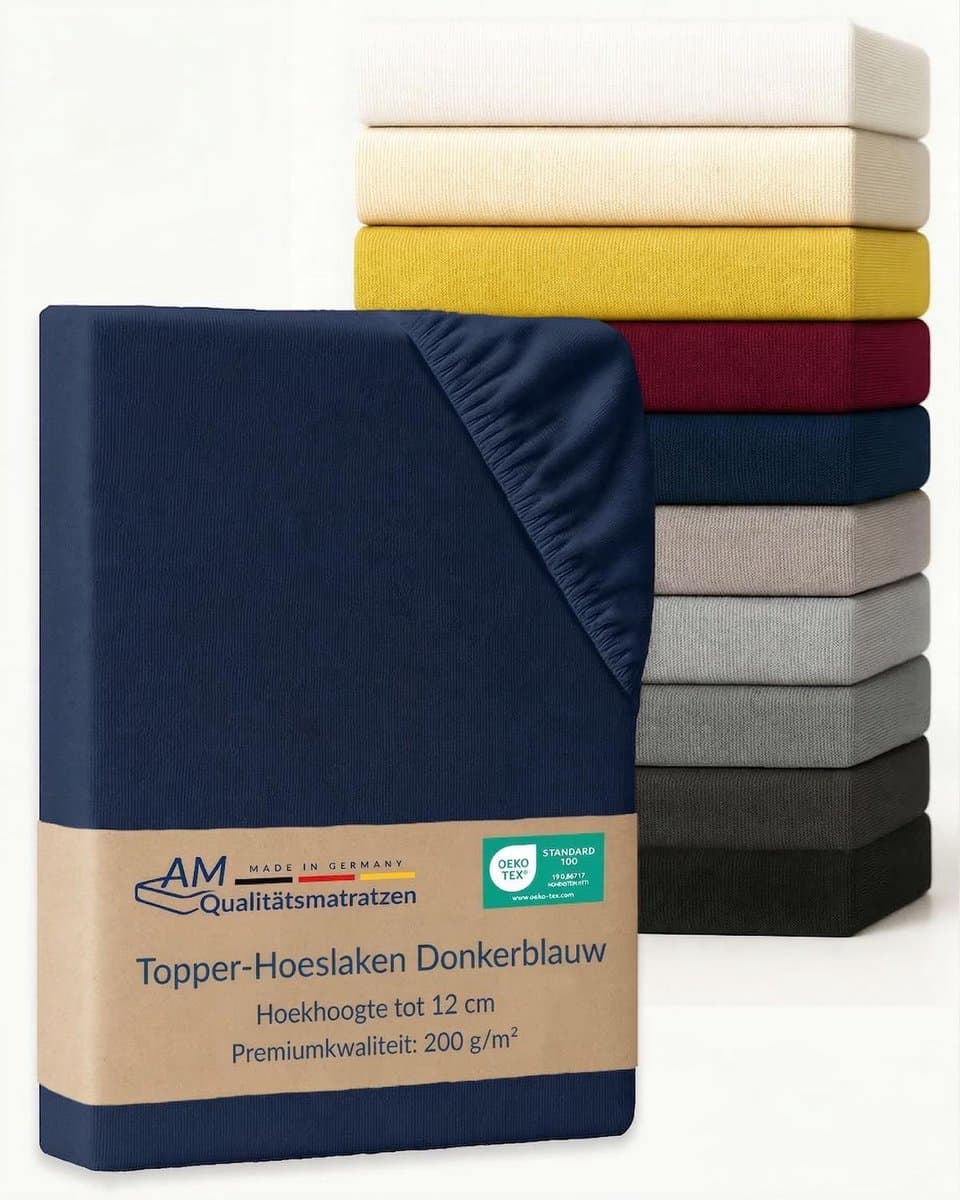 AM Qualitätsmatratzen Premium hoeslaken 180 x 220 cm boxspringbed (200gsm) in Donkerblauw - Made in Germany - OEKO TEX gecertificeerd topper hoeslaken - Jersey hoeslaken - Fitted Sheets