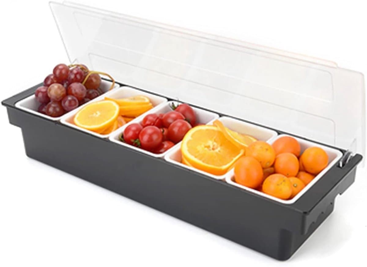 Fruitcontainer met Deksel - Fruitkist Opberger - Eten Vers Houden - Afneembare Binnenboxen - 5 Roosters - Zwart Wit