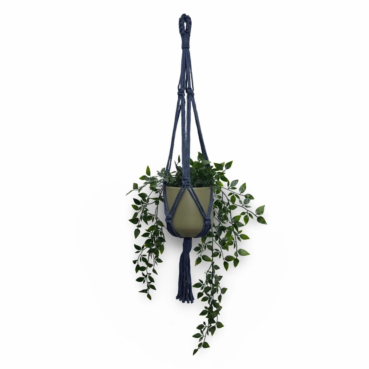 Plantenhanger 'Funky' - Kies kleur en lengte - Donkerblauw - 140 cm lang - Katoenkoord - Geschikt voor Pot met Diameter t/m 20 cm - Handgemaakt in ons Macramé Atelier - Prijs per Stuk - Let op: Exclusief Pot - Inclusief Verzendkosten