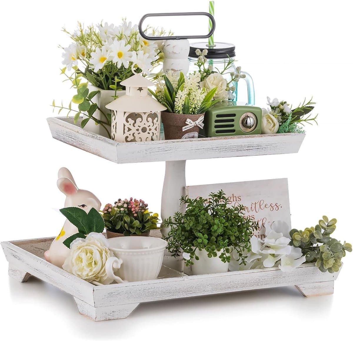 JeiibrZui Deko Tablett Etagere Hout - Wit Gewassen - 2 Niveaus - Rechthoekig Vintage Serviesblad voor Keuken Badkamer Woonkamer Decoratie