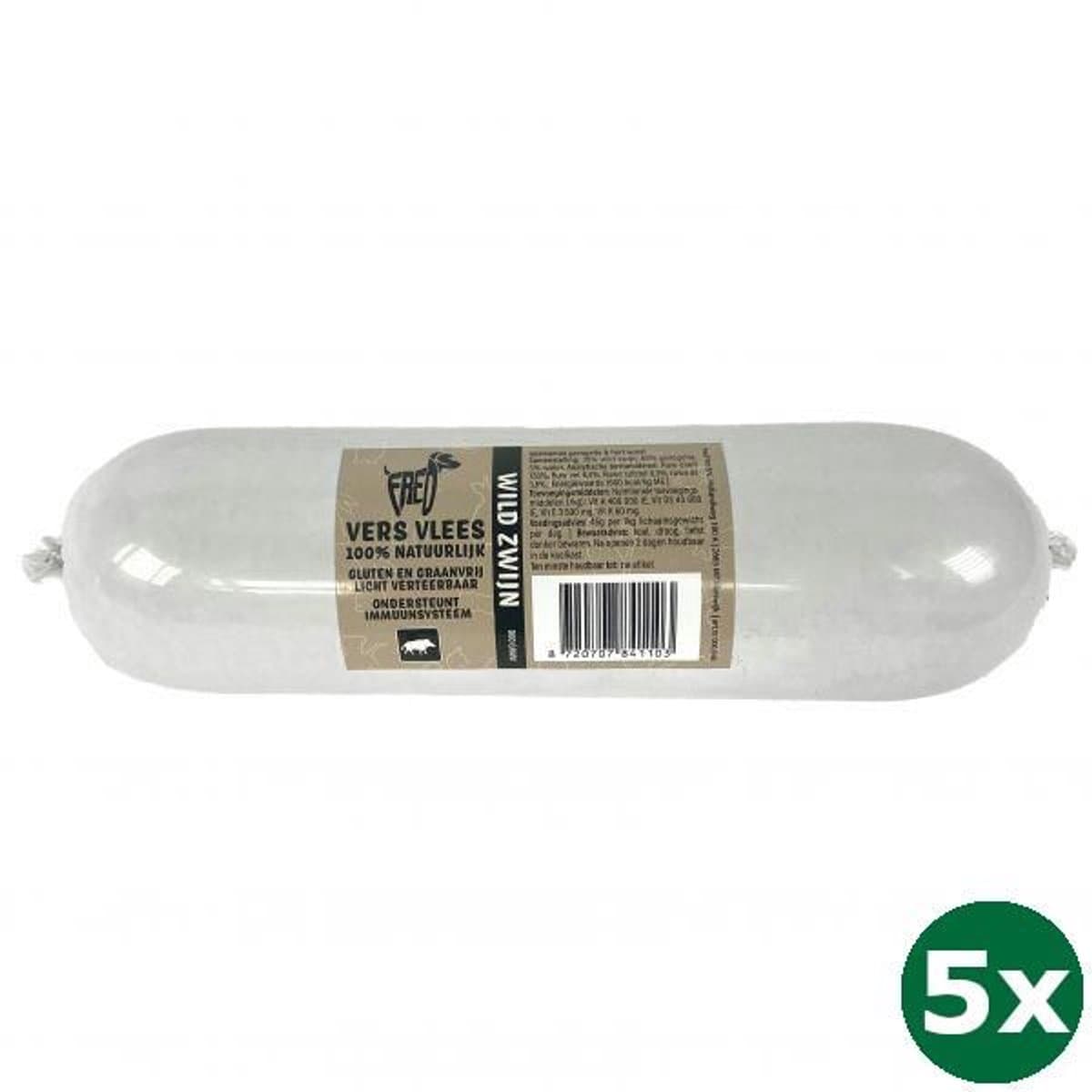 5x900 gr Freds gestoomd vers vlees worst wild zwijn graan en glutenvrij hondenvoer