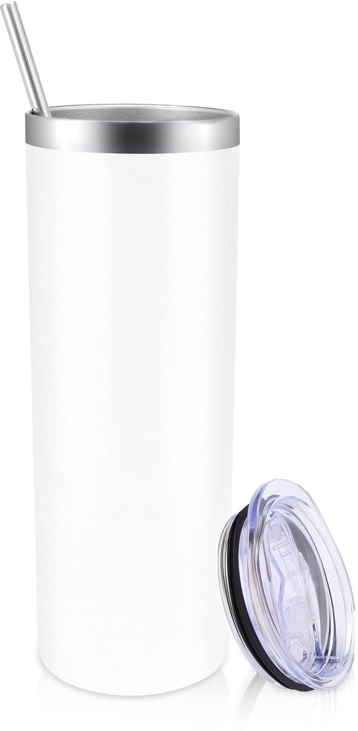 Thermobeker 600 ml - RVS Drinkbeker met Deksel en Rietje - Dubbelwandig Geïsoleerd - Voor Koffie, Thee, Thuis, Kantoor en Onderweg - Wit