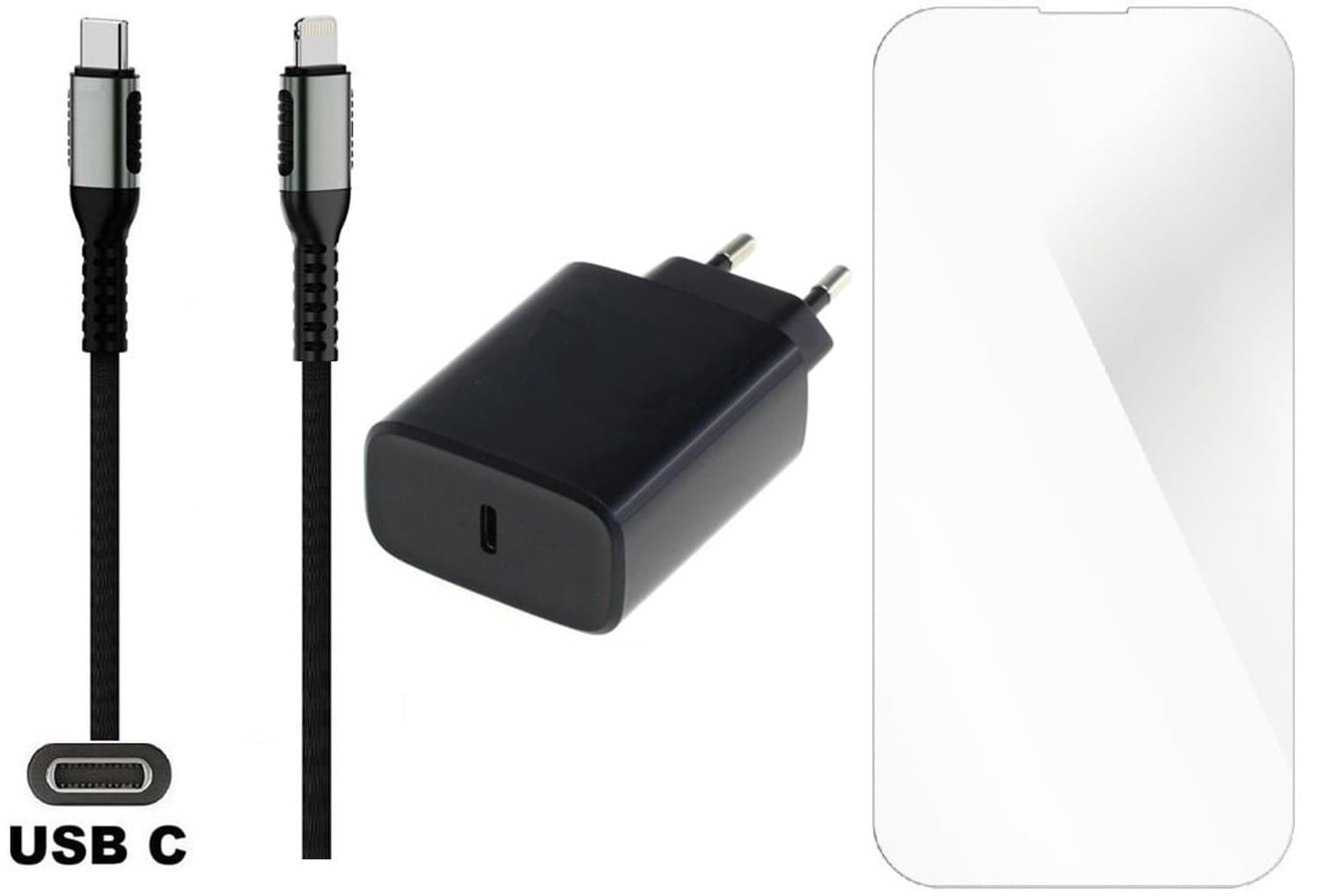 20W snellader en screenprotector + 0,25m USB C naar Lightning kabel. PD lader. Universele oplader adapter. Glazen screenprotector past op Apple iPhone 12 Pro