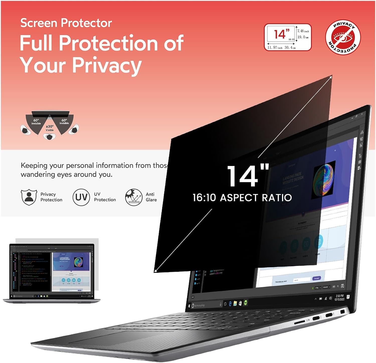 14 Inch Laptop Privacy Screen voor 16:10 Ratio Computer Monitor
