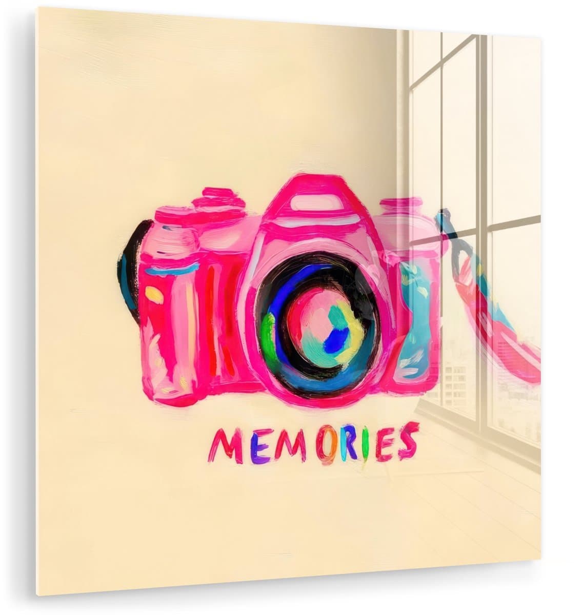 MuchoWow® Glasschilderij 20x20 cm - Schilderij acrylglas - Camera - Memories - Roze - Geschilderd - Foto op glas - Muurdecoratie woonkamer - Wanddecoratie slaapkamer - Schilderijen