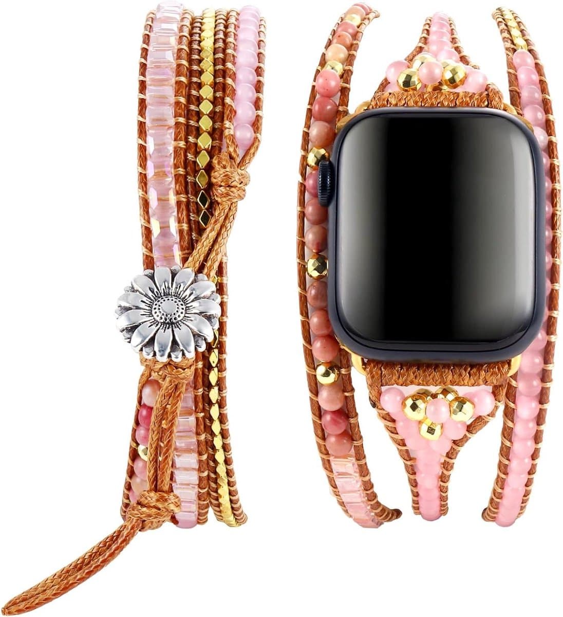 Meerlaagse handgevlochten stenen parelarmband voor Apple Watch - Compatibel met diverse maten - Boho design - Armbanden voor iWatch SE serie 8/7/6/5/4/3/2/1