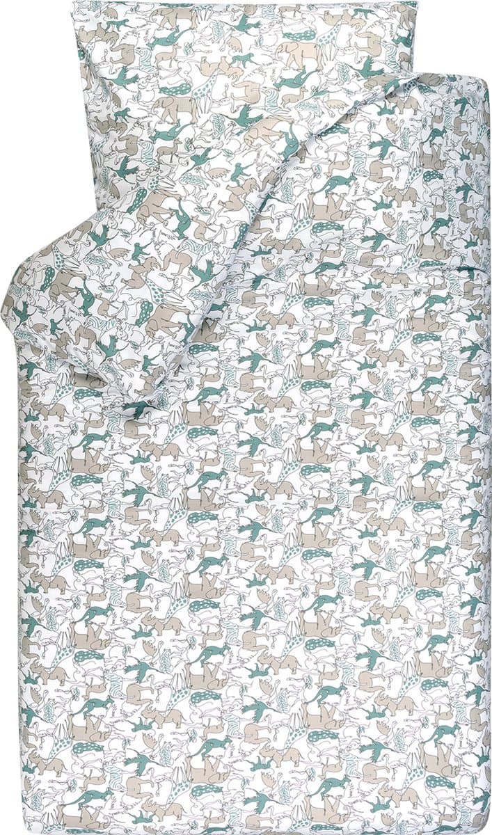 BINK Bedding Dekbedovertrek Safari 1-persoons 140 x 200/220 cm (+ 1 kussensloop 60 x 70 cm) - dierenprint - lijntekening - grijs - groen - wit - zwart - olifant - tijger - leeuw - panter - aap - zebra - neushoorn - kangaroo - flamingo - jungle