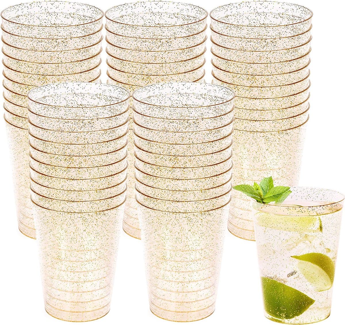 MATANA - 50 Harde Herbruikbare Plastic Feestbekers met Gouden Glitter voor Verjaardagen, Bruiloften, Doopfeesten, Kerstmis (280 ml) - Elegant, Stevig en Herbruikbaar