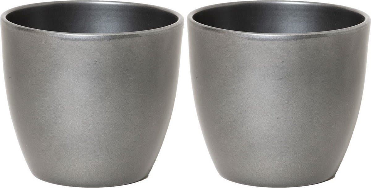 2x bloempot in kleur glanzend zilver metallic keramiek voor kamerplant h22.5 x d25 cm- plantenpotten binnen