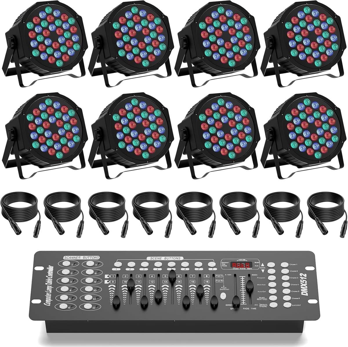 8 Stuks RGB LED Spotlights incl. DMX Controller & Afstandsbedieningen - 72W Sceneverlichting