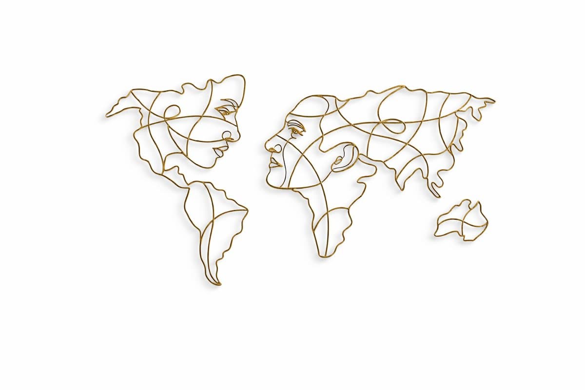 Metalen Wereldkaart Wanddecoratie – Gezicht Design – 99 x 172 cm – Goud