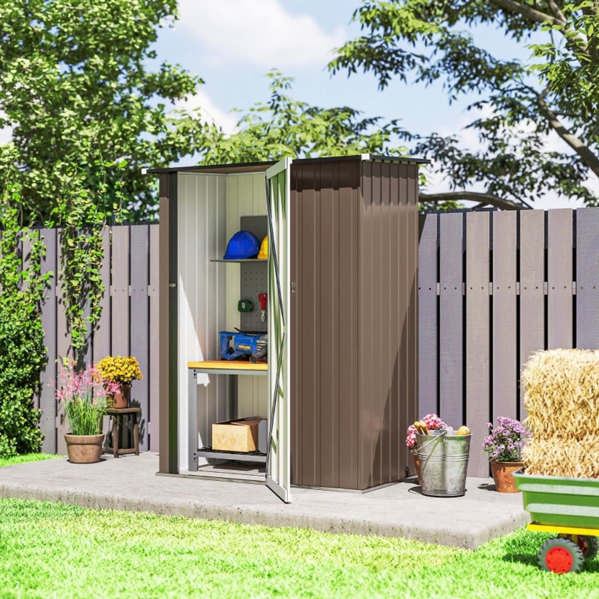 Wishdor - Tuinschuur - Schuin Dak - Afsluitbare Deur - Voor Tuinopslag - Metaal - Bruin - 142 X 84 X 189 Cm