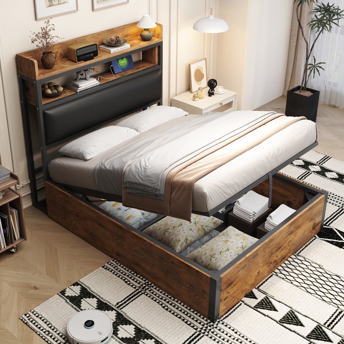 MODFU - Bedframe – 90x200 cm – Met hydraulische opbergruimte & USB – Retro industrieel – Zwart