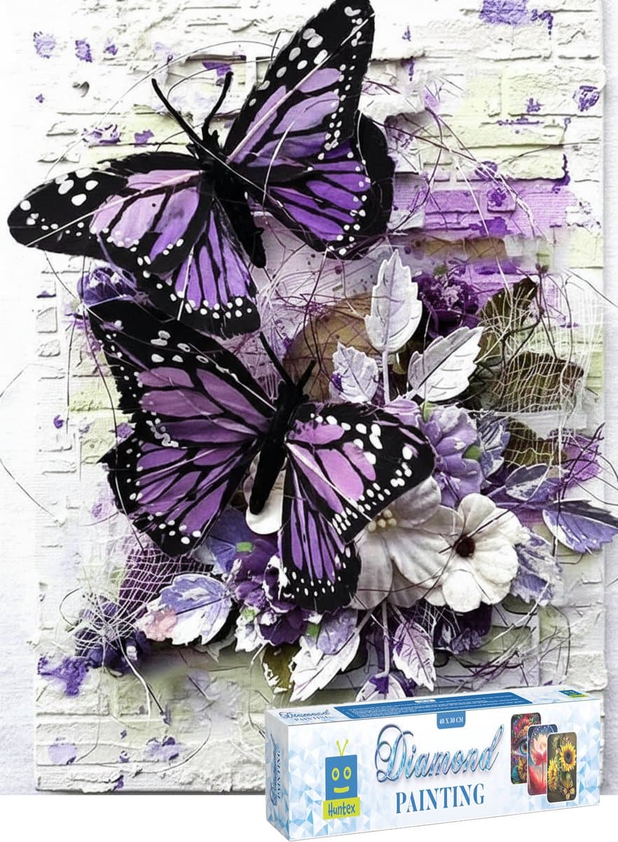 Huntex Diamond Painting Volwassenen - Diamond Painting Kinderen - Diamond Painting Pakket Volledig - Paarse Vlinders - 30x40 cm