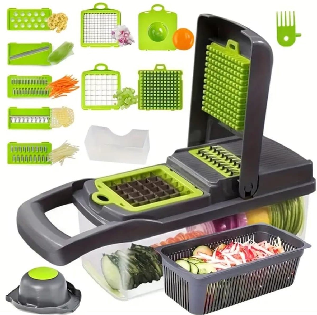 Groentesnijder – Multifunctionele Mandoline Keukensnijder met Opvangbak – 8 RVS Messen – Dunschiller – Handbeschermer – BPA-Vrij – 16 in 1