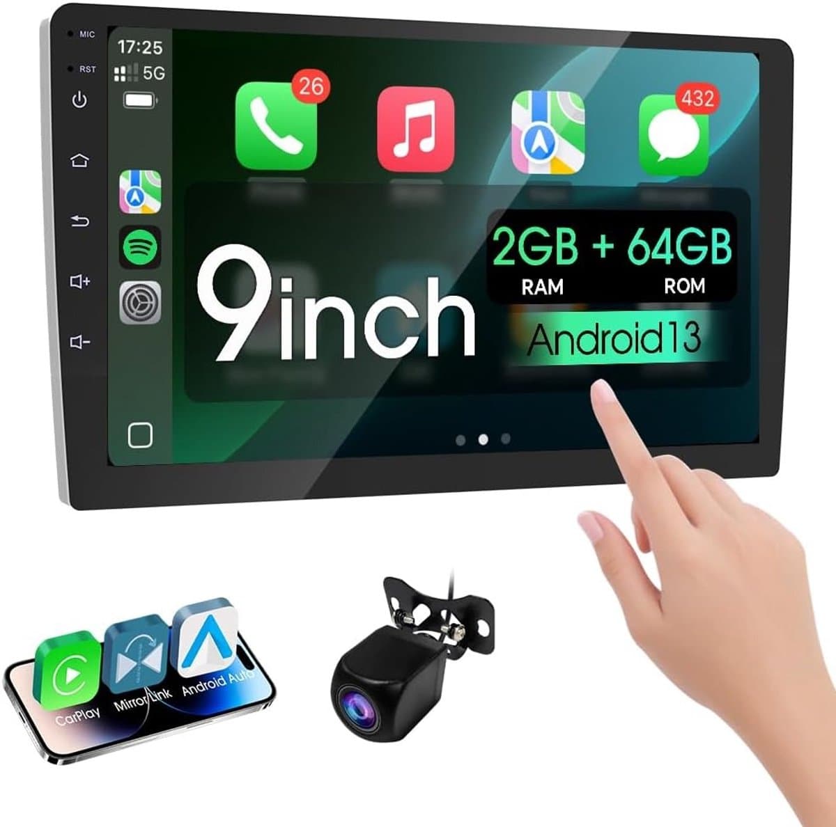 ESSGOO Autoradio 2Din Universeel - Android 15 - Apple Carplay & Android Auto - 9 Inch HD Touchscreen - GPS Navigatiesysteem - 4+64GB - Achteruitrijcamera