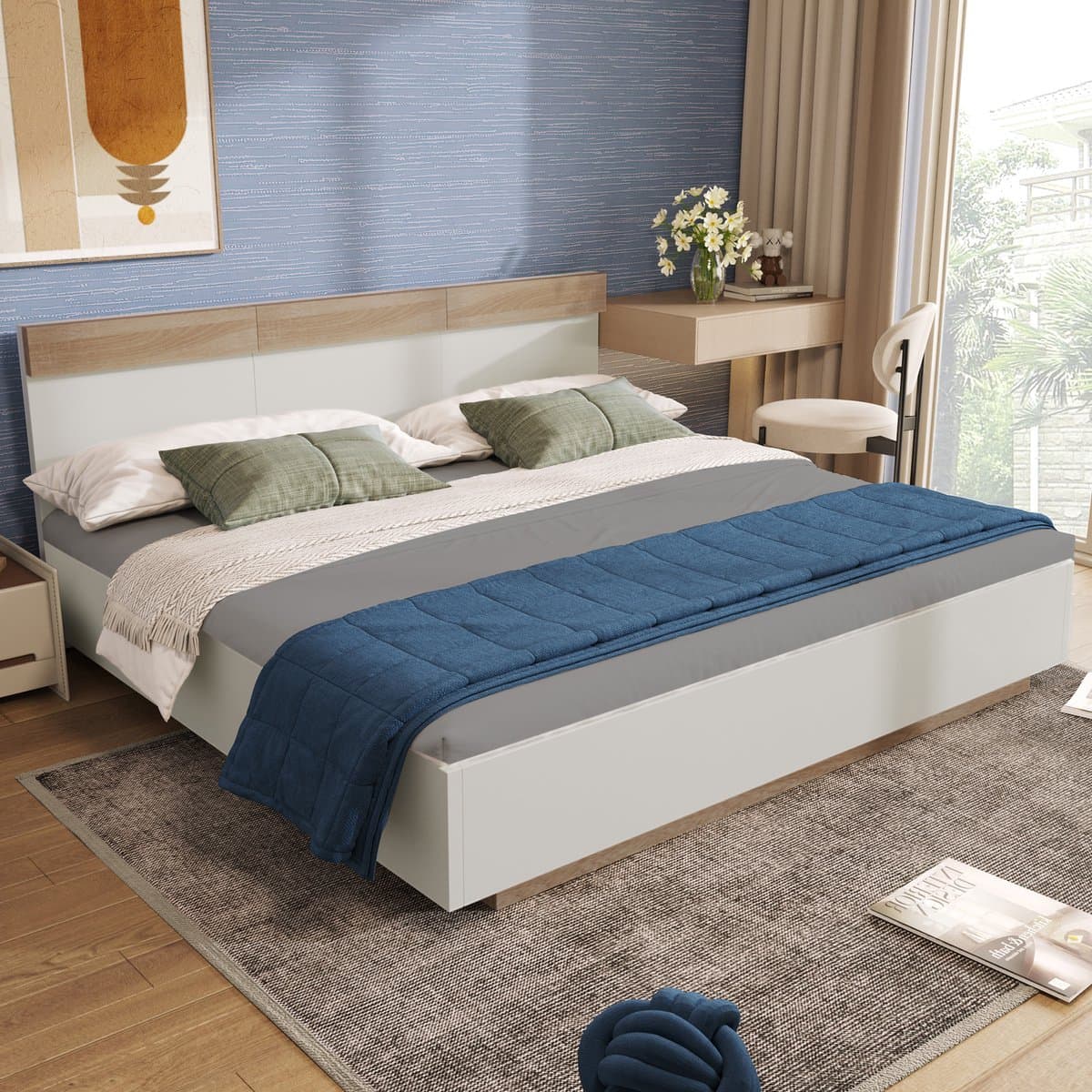 Zwevend Bed - 140x200 cm - met Hoofdbord - inclusief Lattenbodem - Hout - Eiken en Wit