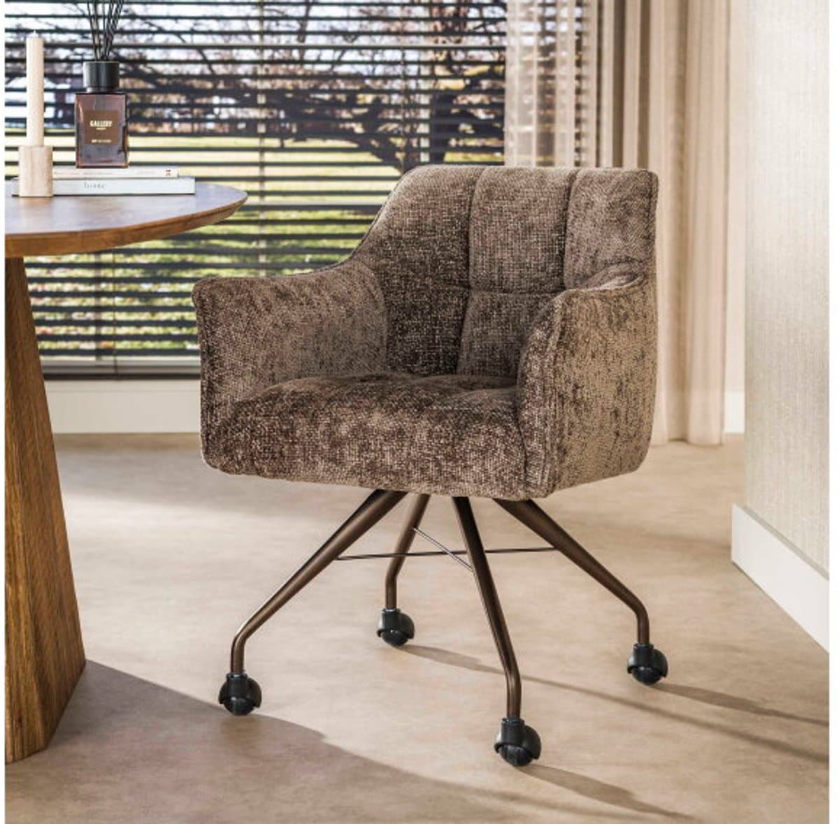 Eetkamerstoel Raster met wieltjes hoven - Taupe - bruin onderstel - eetkamerstoelen set van 2