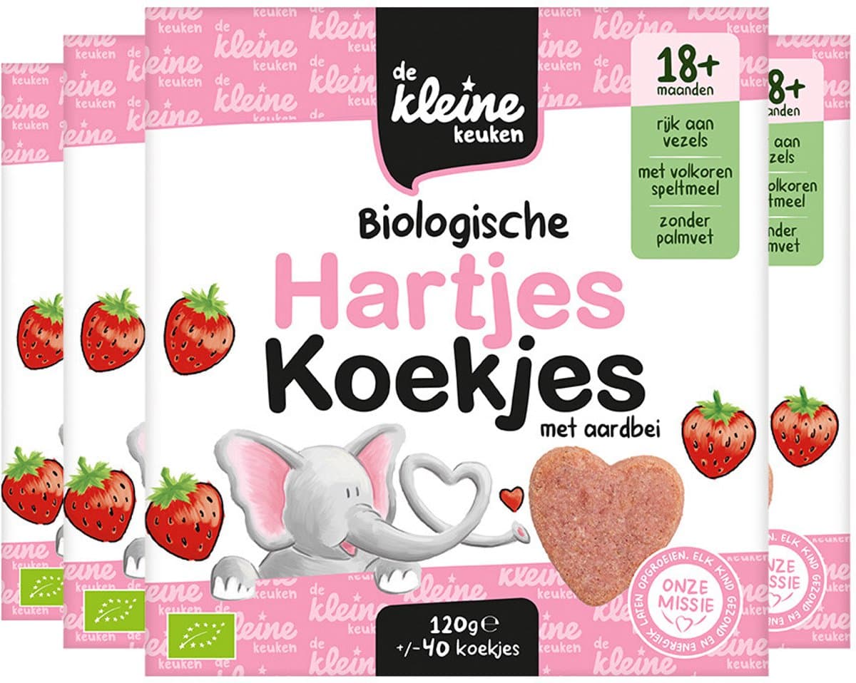 de Kleine Keuken Bio Hartjeskoekjes Aardbei - 4 x 120 gr - Voordeelverpakking