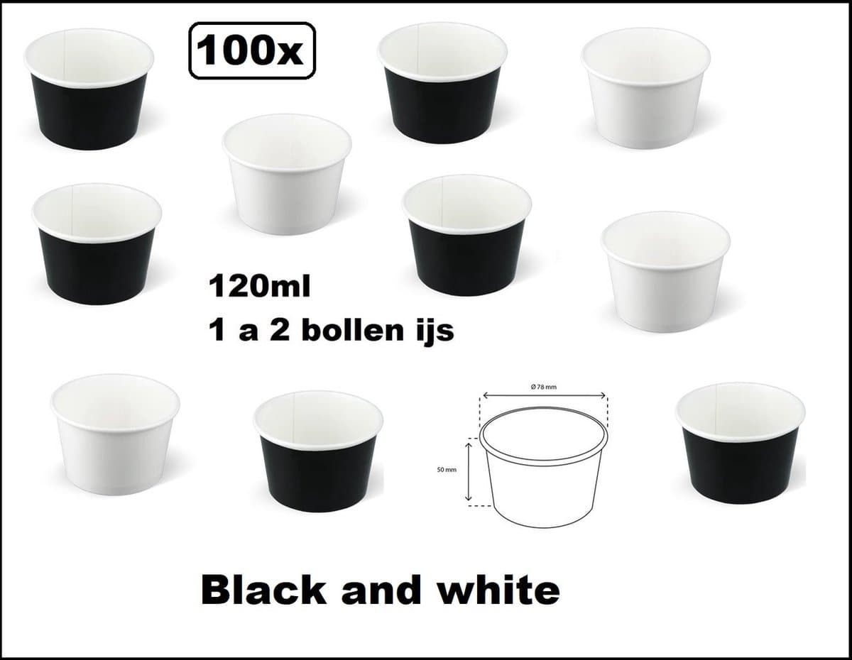 100x IJsbeker zwart en wit 120ml karton - 1 a 2 bollen - IJs beker - Black and White Party schepijs softijs ijsje zomer festival thema feest
