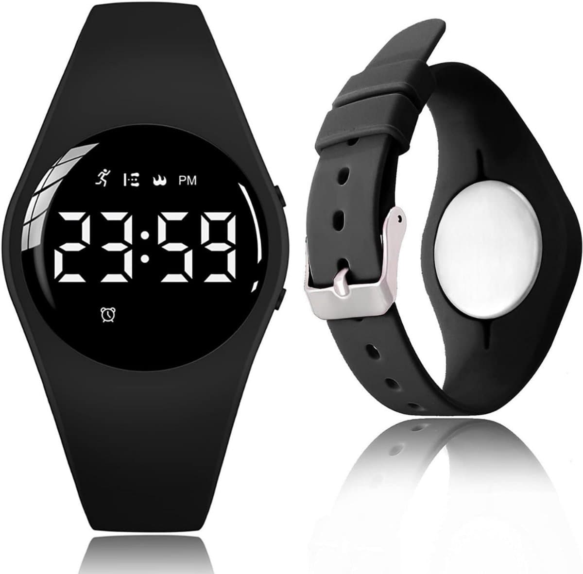 MMM® Stappenteller Kinderen - Stappenteller Armband - Stappenteller Horloge - Fitness Tracker Stappenteller Horloge Geen App Geen Bluetooth - Calorieën-/afstands-/stappenteller, 3 wekkers (zwart)