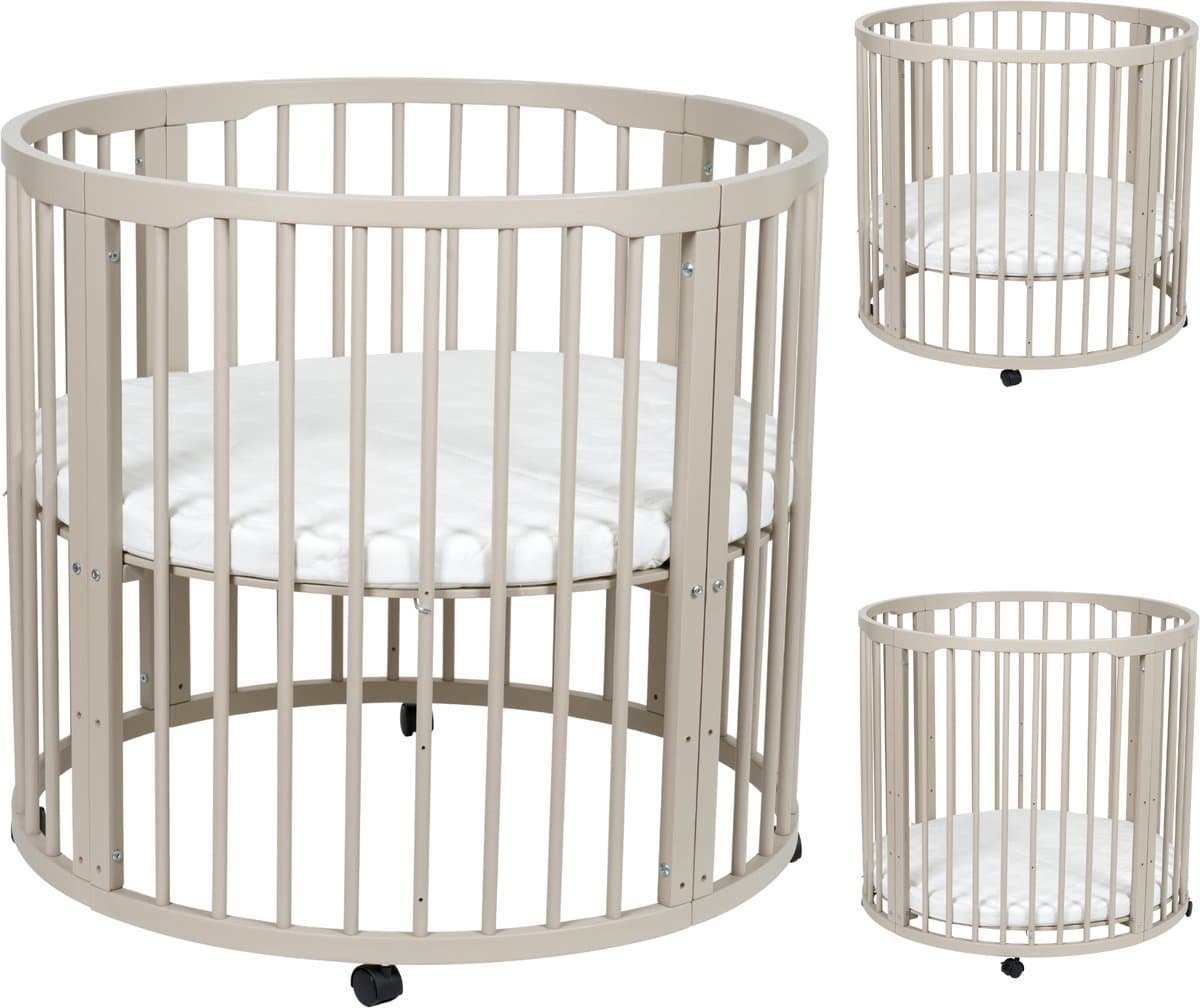 Born Lucky Baby Box Rond 90 cm - In Hoogte Verstelbaar - Met Matras & Wieltjes - Beige